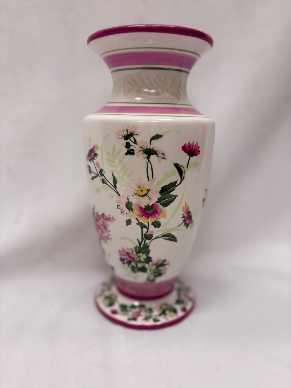 Laura Ashley White Ceramic Vase with Pink Floral Accents
